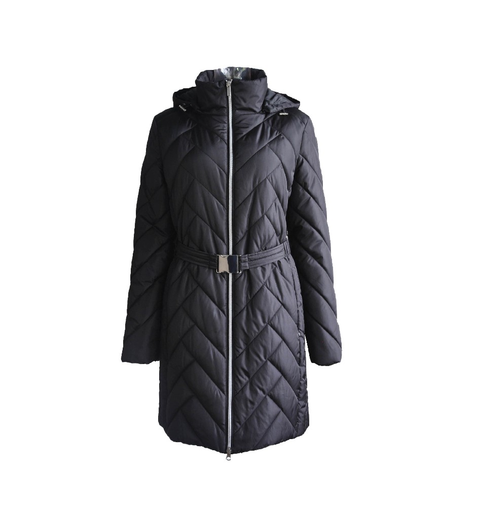 Womens Long Quilted Jacket with Belt and Hood